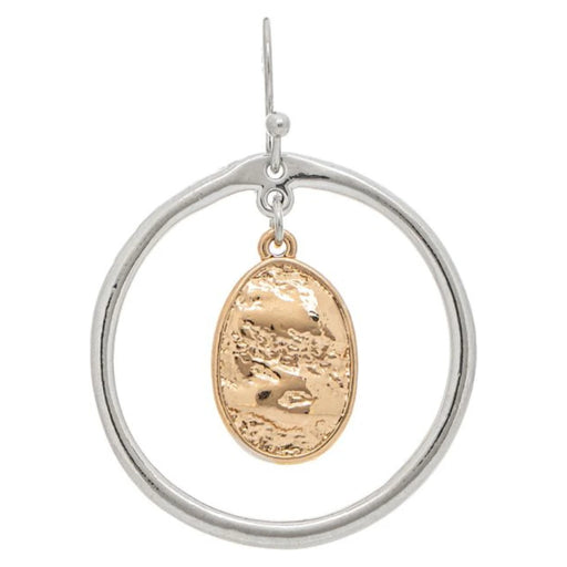 Rain Jewelry Silver Wire Circle and Gold Oval Dangle Earrings featuring a two-tone design with a delicate silver wire circle and brushed gold oval drop, lightweight and elegant for everyday wear or special occasions.