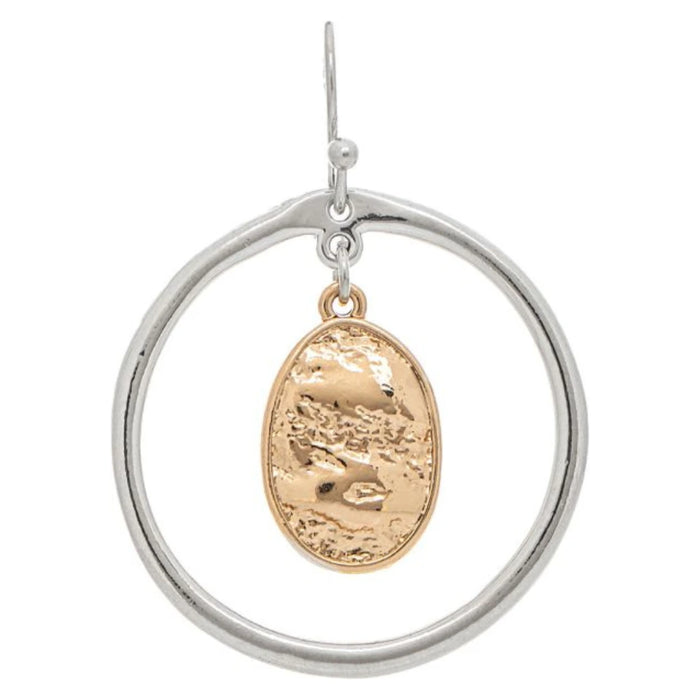 Rain Jewelry Silver Wire Circle and Gold Oval Dangle Earrings featuring a two-tone design with a delicate silver wire circle and brushed gold oval drop, lightweight and elegant for everyday wear or special occasions.