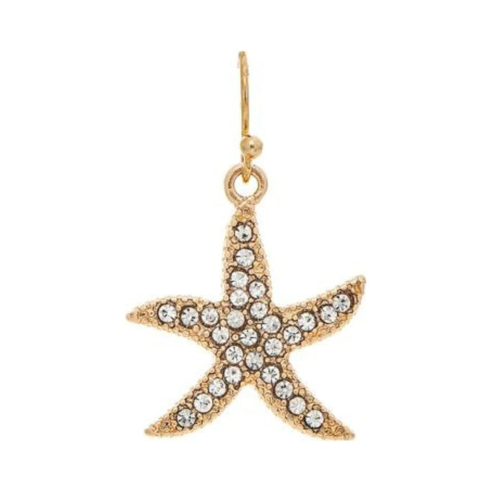Rain Jewelry Pave Crystal Dancing Starfish Earrings featuring a sparkling starfish design encrusted with pave crystals, available in gold or silver finishes with lightweight dangling movement for a beach-inspired look.
