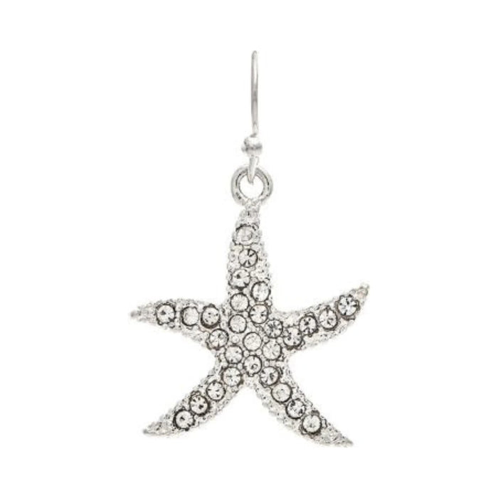 Rain Jewelry Pave Crystal Dancing Starfish Earrings featuring a sparkling starfish design encrusted with pave crystals, available in gold or silver finishes with lightweight dangling movement for a beach-inspired look.
