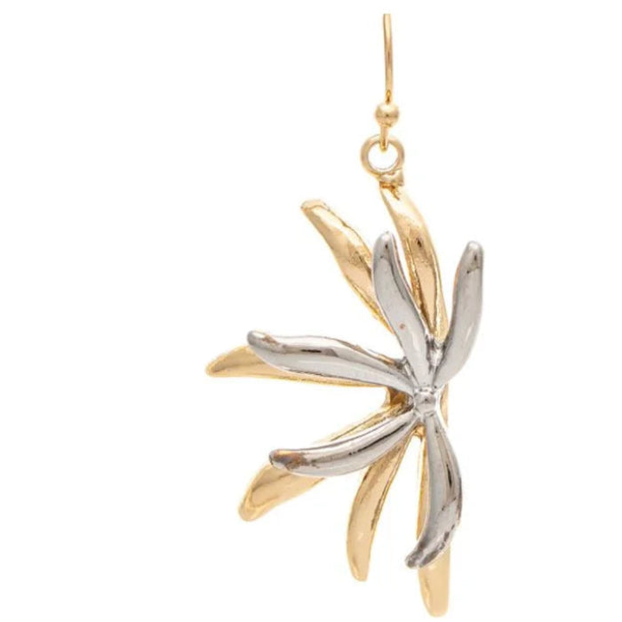 Rain Jewelry two-tone half-flower earrings featuring leafy details and contrasting metallic finishes.
