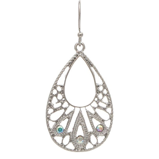 Rain Jewelry Silver Filigree Crystal Teardrop Earring. The open-center filigree frame catches the light beautifully. Sparkling crystals create a refined teardrop silhouette.