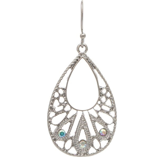 Rain Jewelry Silver Filigree Crystal Teardrop Earring. The open-center filigree frame catches the light beautifully. Sparkling crystals create a refined teardrop silhouette.