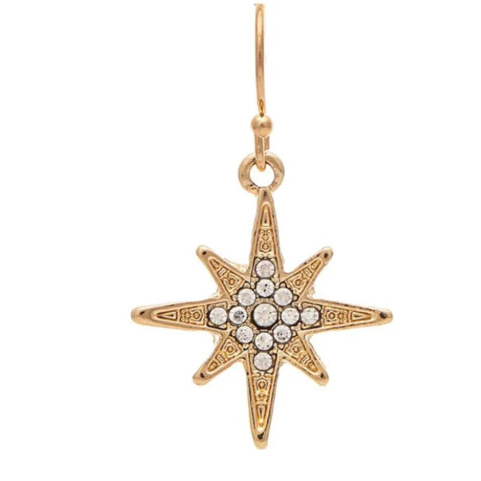 Rain Jewelry gold-tone North Star earrings featuring a celestial star design accented with sparkling crystals.