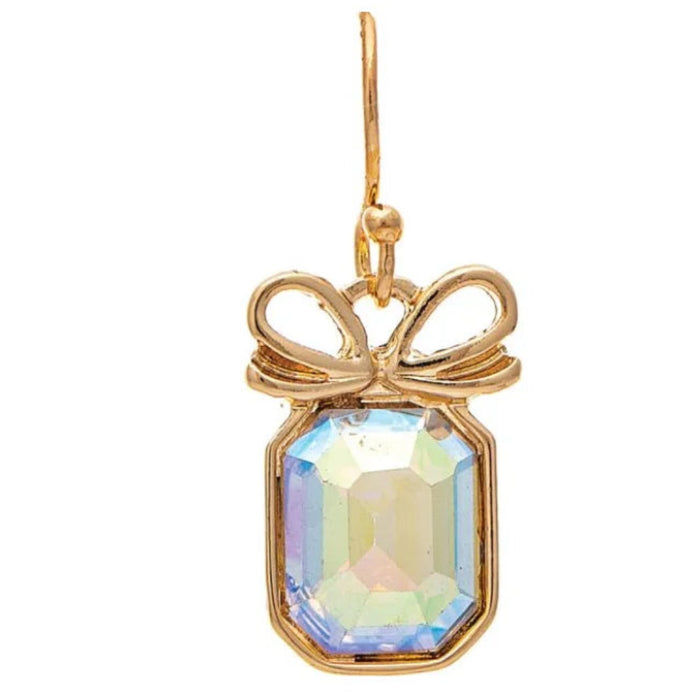 Rain Jewelry gold-tone bow top box earrings featuring Aurora Borealis crystals with iridescent sparkle and colorful reflections.