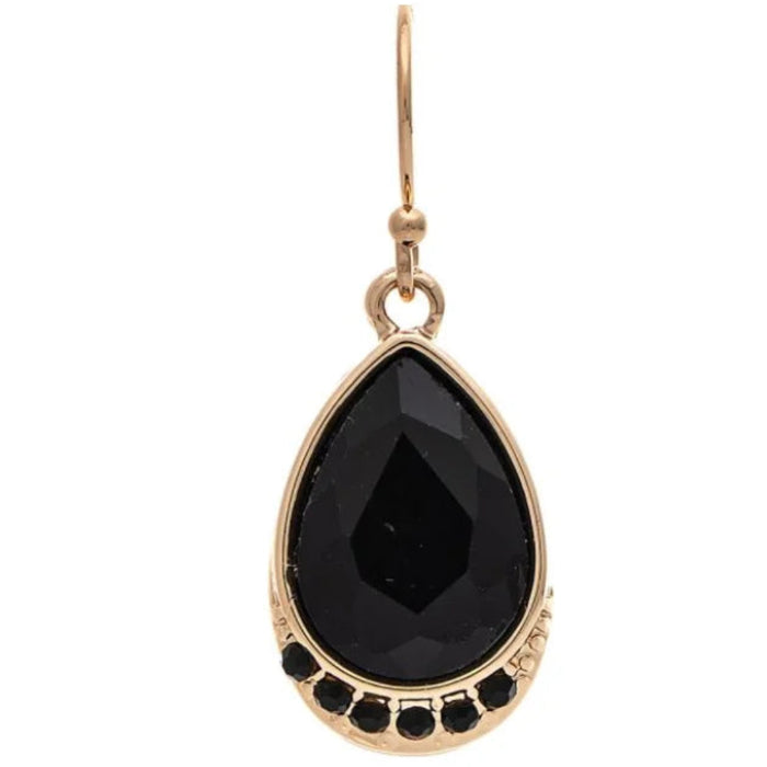 Rain Jewelry gold-tone teardrop earrings featuring a black gemstone center and sparkling crystal edging.