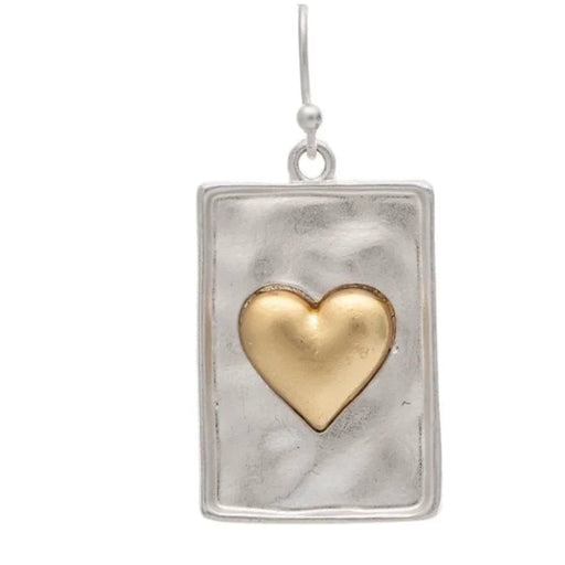 Rain Jewelry two-tone framed puffy heart rectangle earrings featuring a dimensional heart detail and mixed metallic finish.