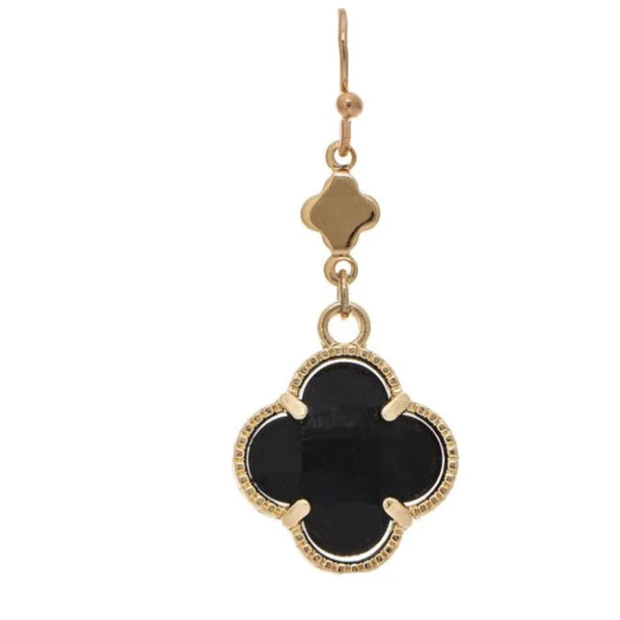 Rain Jewelry gold-tone drop earrings featuring black faceted clover accents and an elegant contrasting design.