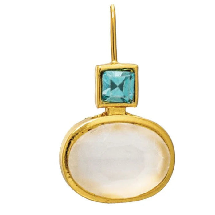 Rain Jewelry gold-tone drop earrings featuring blue and frosted white gem accents in an elegant dangling design.