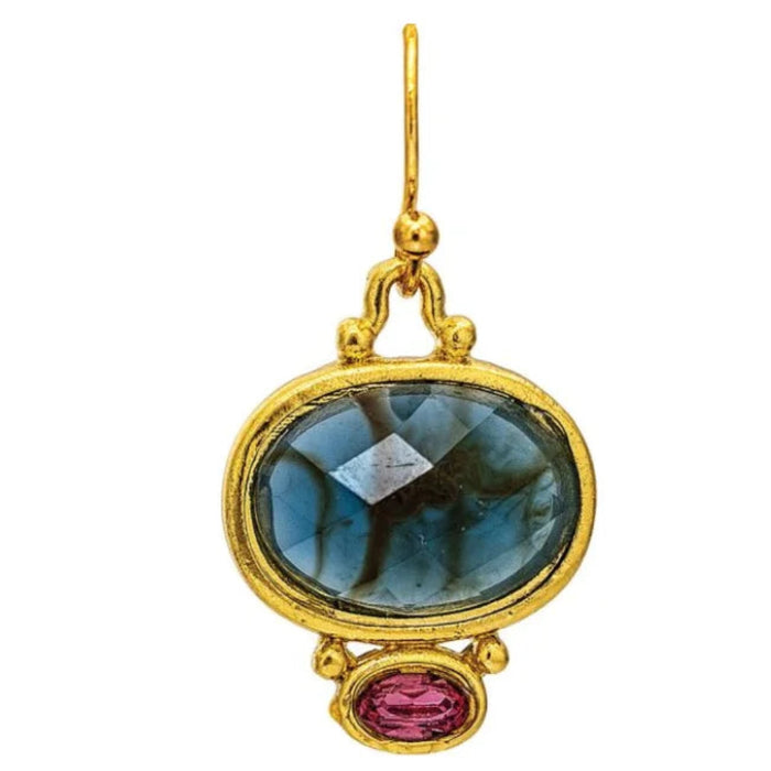 Rain Jewelry gold-tone drop earrings featuring a faceted blue oval gem and pink gem accents in a colorful dangling design.