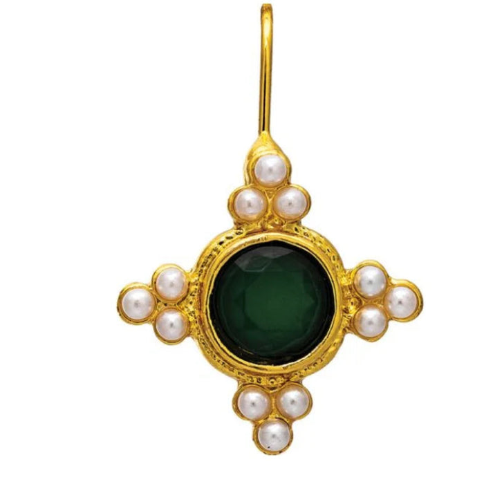 Rain Jewelry gold-tone earrings featuring an emerald green gem and faux pearl accent.