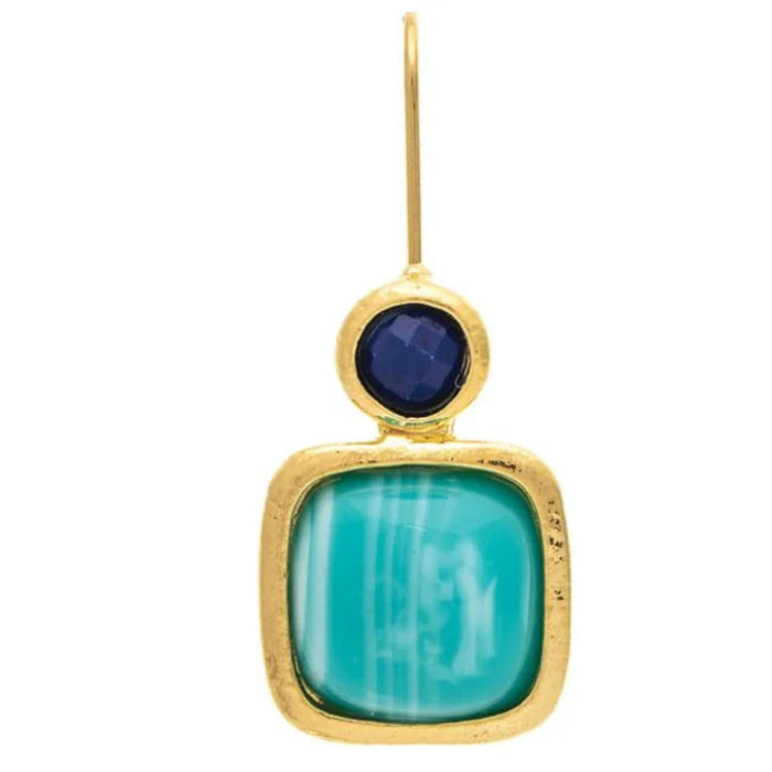 Rain Jewelry gold-tone drop earrings featuring cushion-style blue gems and blue top accents.