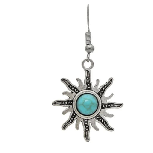 Rain Jewelry silver-colored earrings with blue gem details and an engraved sun motif.