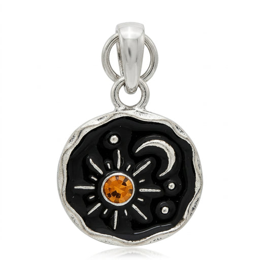 Rain Jewelry round earrings with silver-colored detailing and a black sky design featuring moon and sun motifs