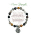 A close-up of a "Have Strength" bracelet, featuring a simple design with motivational text engraved on it.