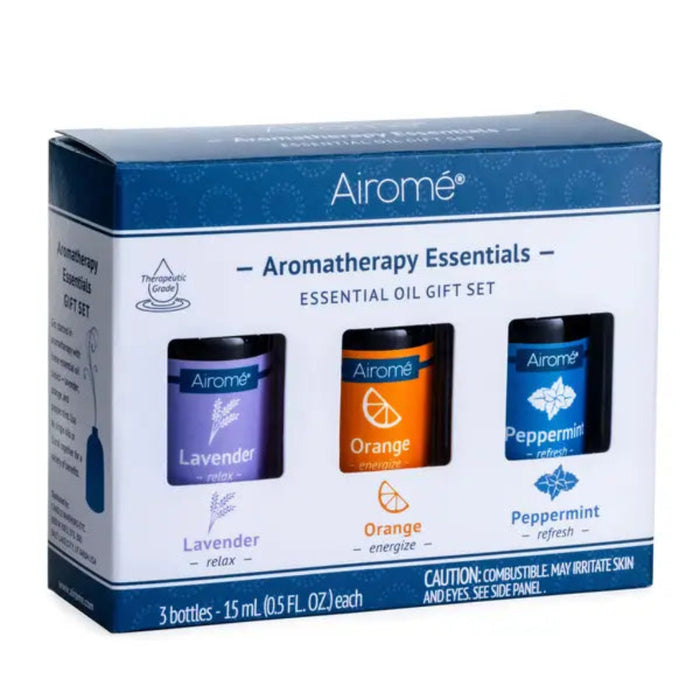 Airome Aromatherapy Essentials essential oil gift set packaging on a white background