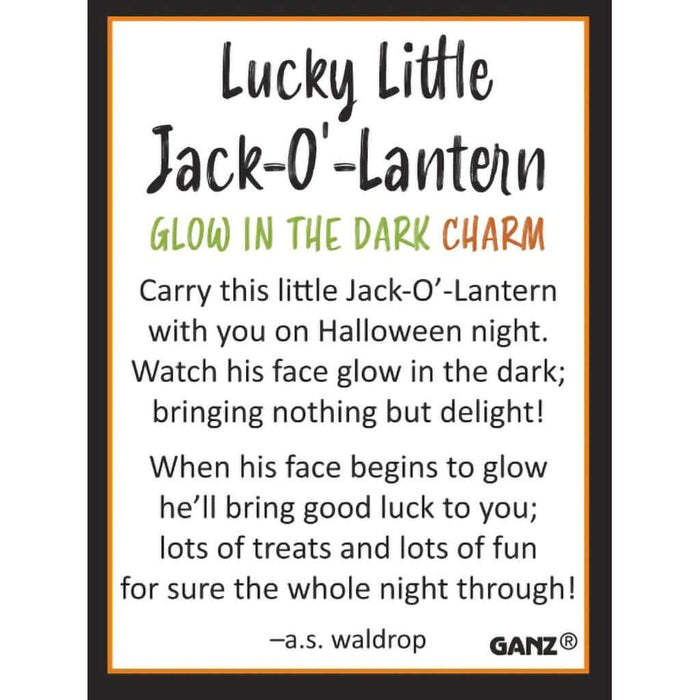Product description card for a 'Lucky Little Jack-O'-Lantern'  charm with text and branding.