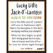 Product description card for a 'Lucky Little Jack-O'-Lantern'  charm with text and branding.