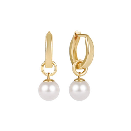 14kt gold‑filled 0.5 inch huggie hoop with an 8mm crystal pearl charm, lightweight and designed for everyday wear.