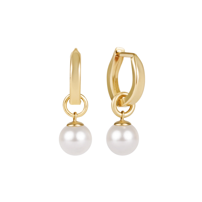 14kt gold‑filled 0.5 inch huggie hoop with an 8mm crystal pearl charm, lightweight and designed for everyday wear.