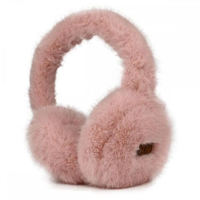 Pink fluffy earmuffs on a white background