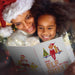 Woman and child reading 'The Elf on the Shelf' book with festive background