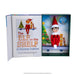 Open book titled 'The Elf on the Shelf: A Christmas Tradition' with an elf doll illustration on a white background.