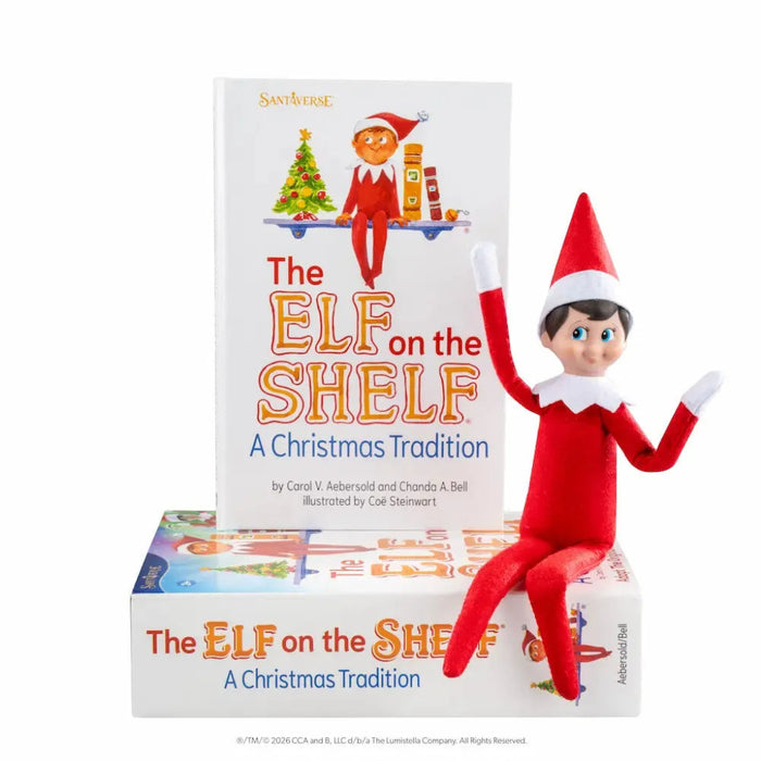 Elf on the Shelf A Christmas Tradition with Poseable Elf set featuring a poseable Scout Elf for festive Christmas displays and family traditions.
