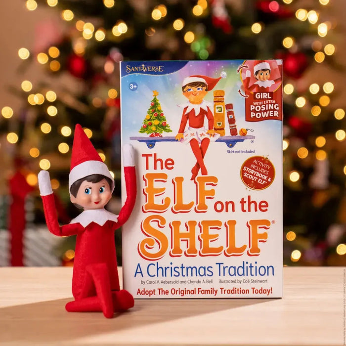Elf on the Shelf A Christmas Tradition with Poseable Elf set featuring a poseable Scout Elf for festive Christmas displays and family traditions.