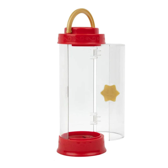 Clear elf on the shelf carrier with red base and handle on a white background