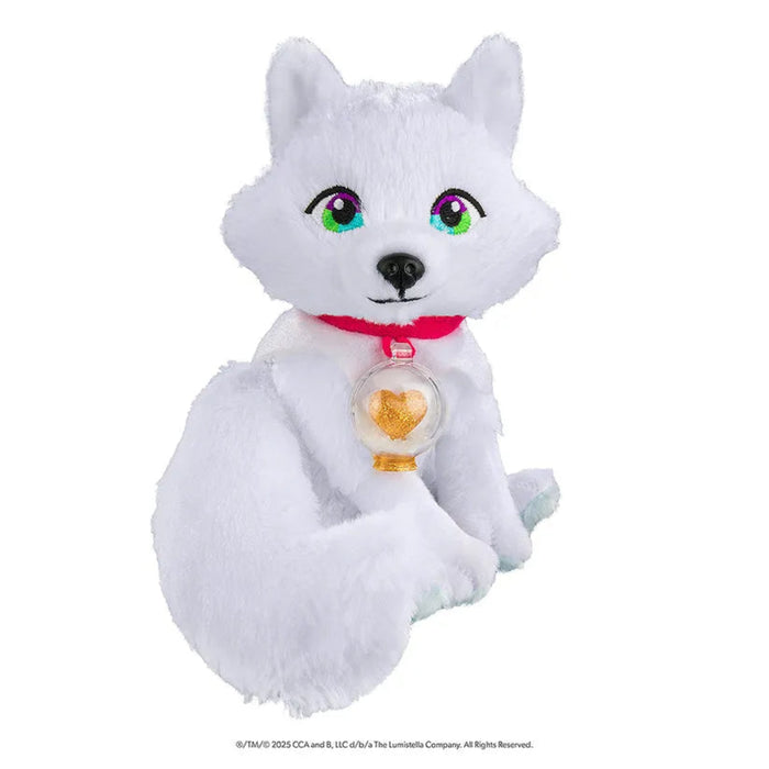 White plush toy with colorful eyes and a heart-shaped tag on a white background
