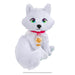 White plush toy with colorful eyes and a heart-shaped tag on a white background