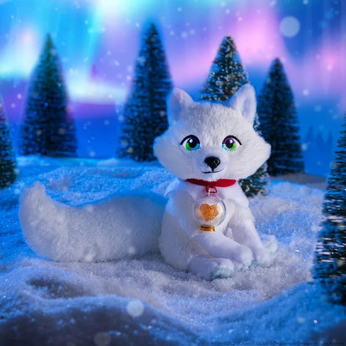 White fox plush toy with a heart-shaped lantern in a snowy landscape with trees and aurora lights.