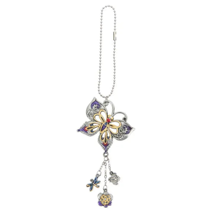Butterfly-shaped keychain with colorful details on a white background