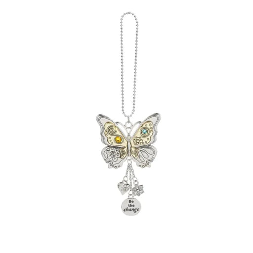 Butterfly-shaped keychain with charms on a white background