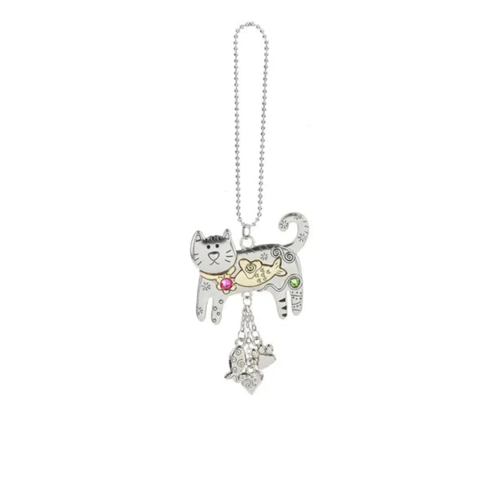 Cat-shaped keychain with small charms on a white background