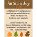 Autumn-themed card with text and leaf illustrations on a wooden texture background