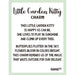 A square charm or plaque with rounded corners featuring the text 'Little Garden Kitty CHARM' and a poem about a happy garden kitty, with 'GANZ' at the bottom right. The design has a white center, black text, and a pale mint green border on a light gray background.