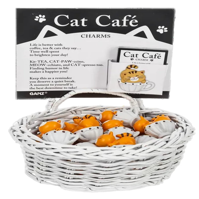 Basket of cat-themed charms with packaging labeled 'Cat Café' on a white background