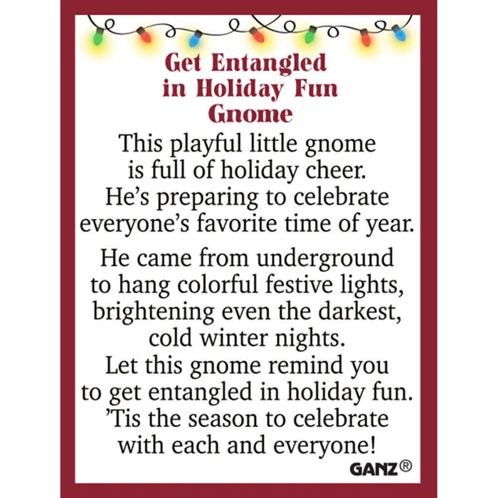 Product description card for a gnome with holiday lights, featuring text and GANZ branding.