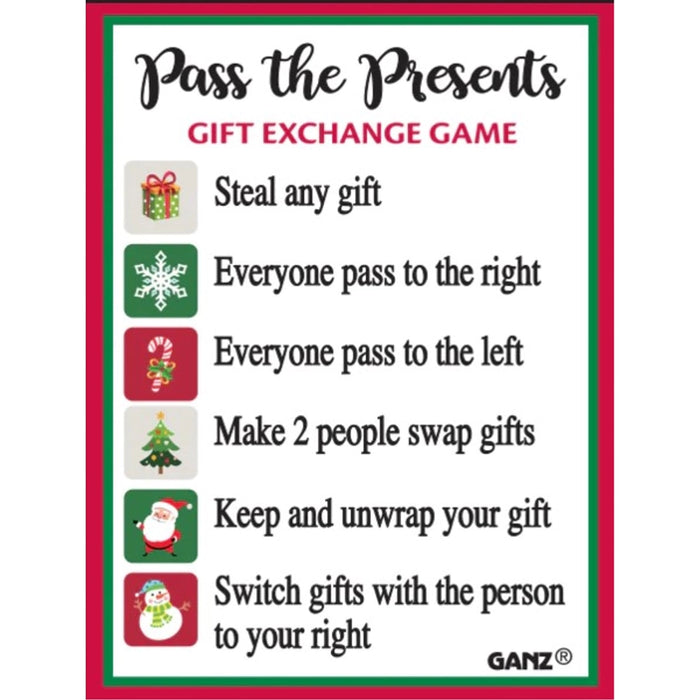 Gift exchange game instructions with Christmas-themed graphics on a white background