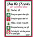 Gift exchange game instructions with Christmas-themed graphics on a white background