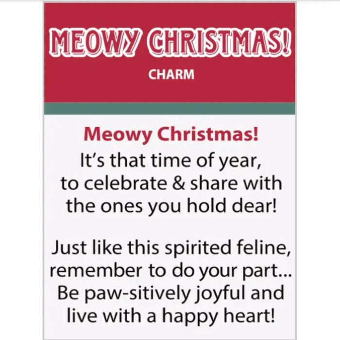 A digital preview of a 'Meowy Christmas' charm, showing a red header with white text and a white body with black text on a light gray background.