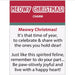 A digital preview of a 'Meowy Christmas' charm, showing a red header with white text and a white body with black text on a light gray background.