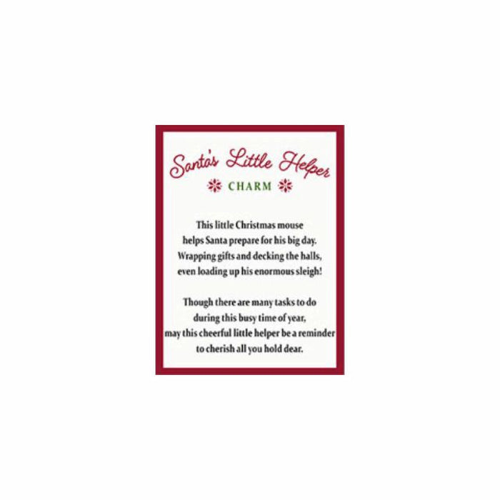 Text card with 'Santa's Little Helper Charm' description on a white background
