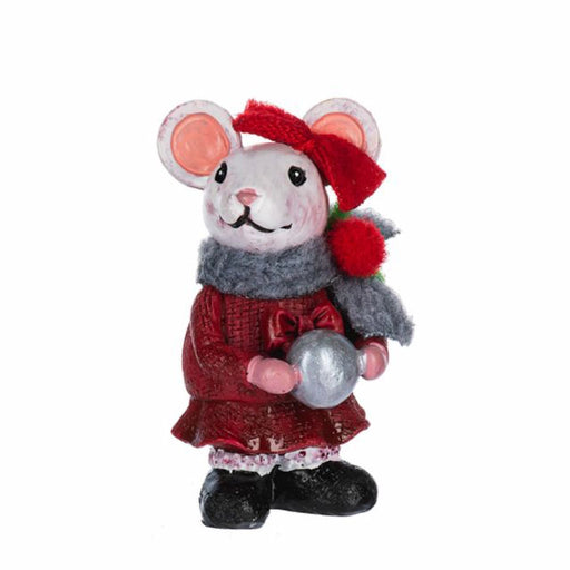 Decorative mouse figurine wearing a red outfit with a gray scarf and holding a silver ball on a white background