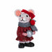 Decorative mouse figurine wearing a red outfit with a gray scarf and holding a silver ball on a white background