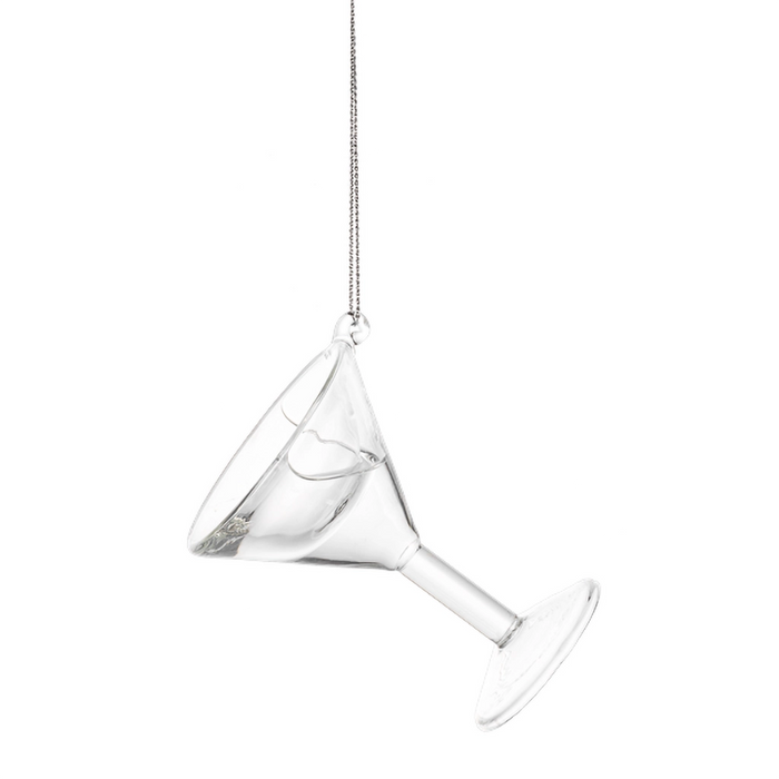 Clear martini glass with a chain on a white background