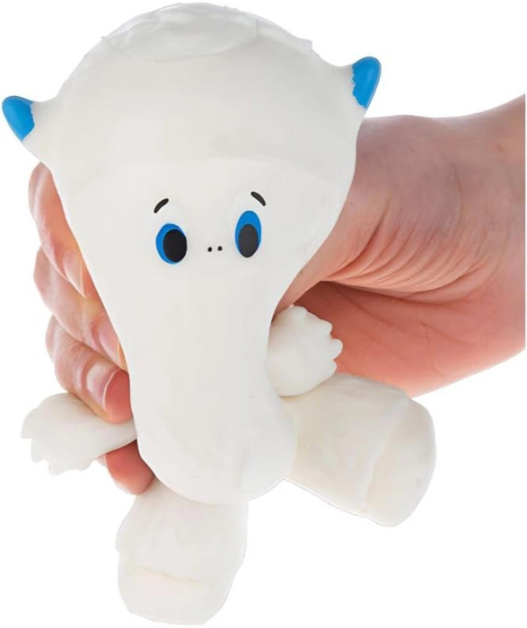 White plush toy with blue accents held in a hand against a white background