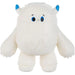 White plush toy with blue accents on a white background